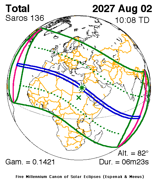 NASA global map for the August 2, 2027 total solar eclipse
